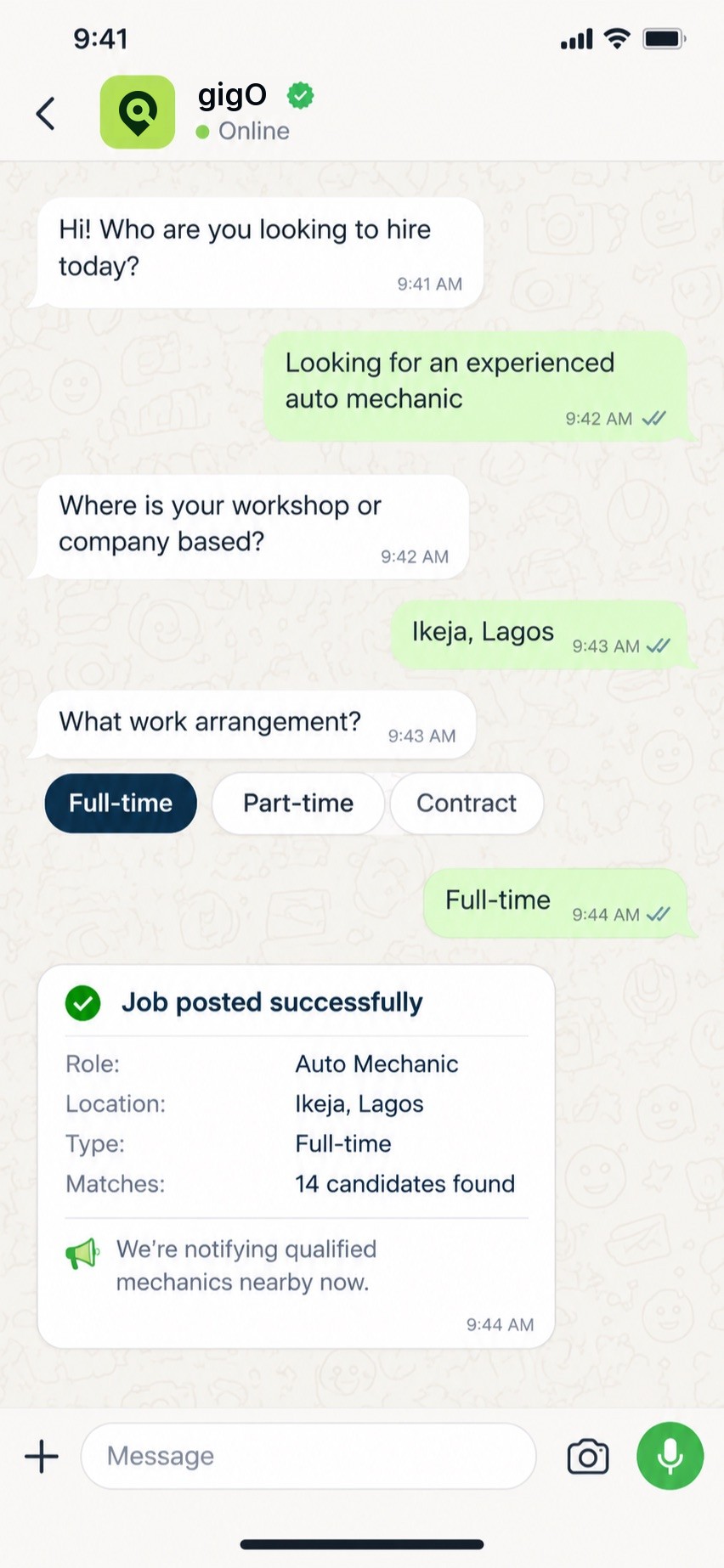 A WhatsApp chat where an employer tells gigO they need an auto mechanic in Ikeja, full-time, and gigO posts the job with 14 matching candidates.